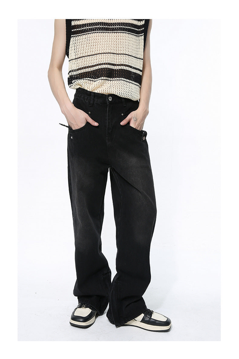 Straight Wide Leg Black Denim Trousers