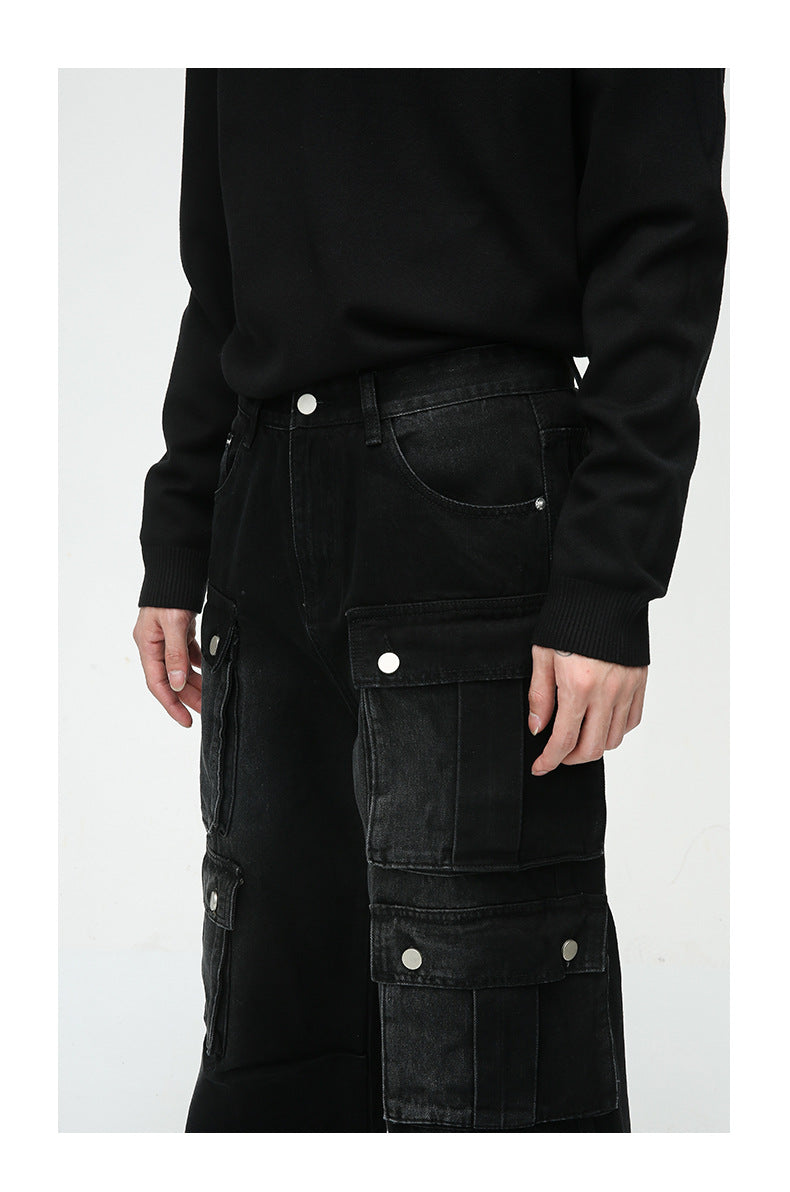 Retro Multi-pocket Design Tooling Wide Leg Jeans