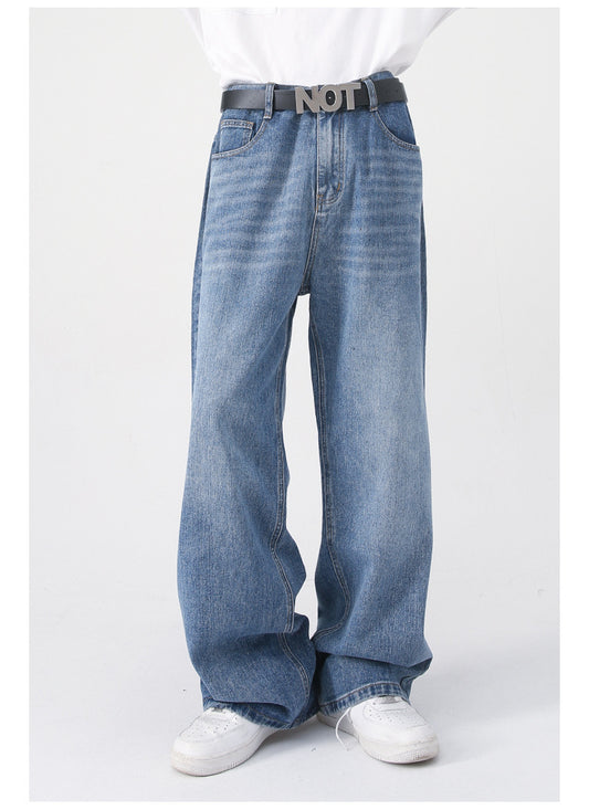 Loose Half Elastic Waist Straight Denim