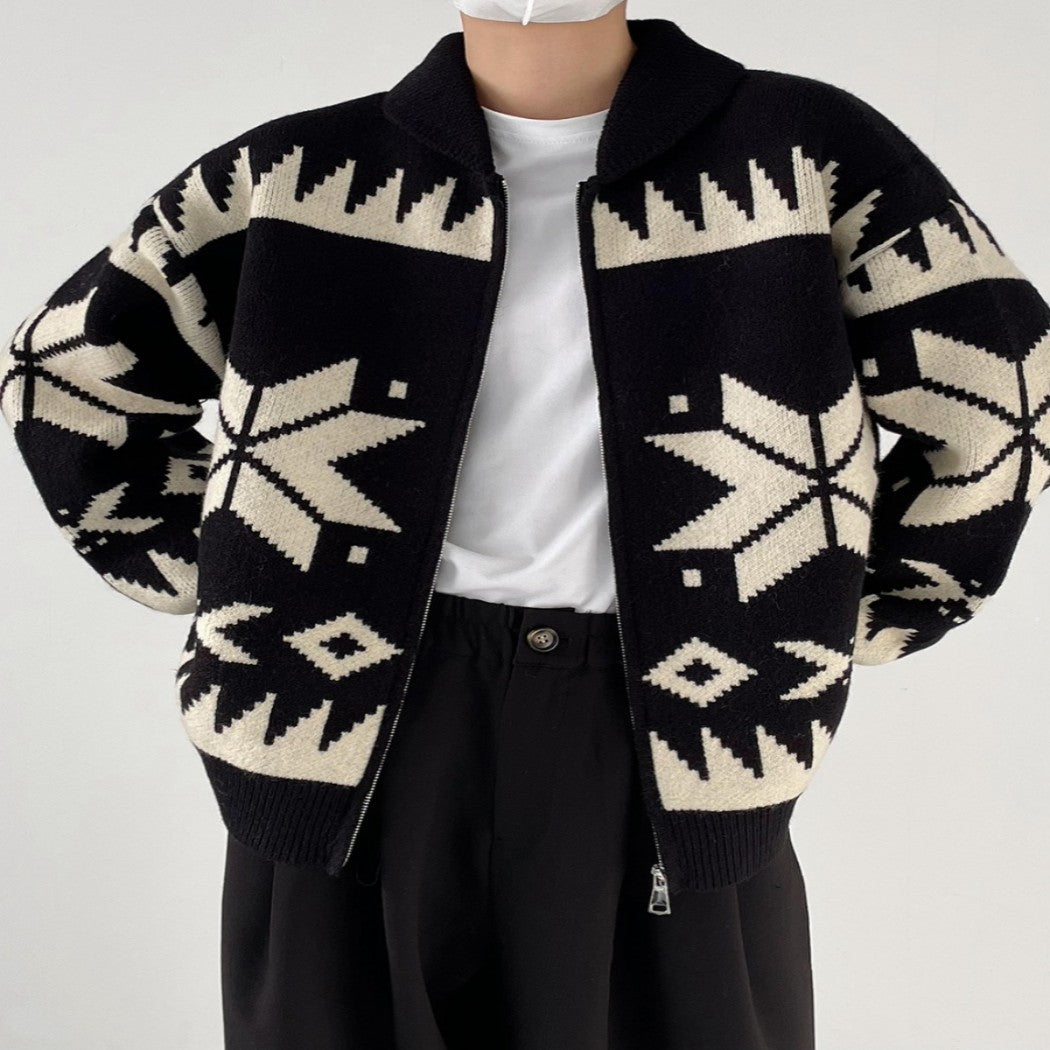 Geometric Contrast Color Lapel Sweater Cardigan