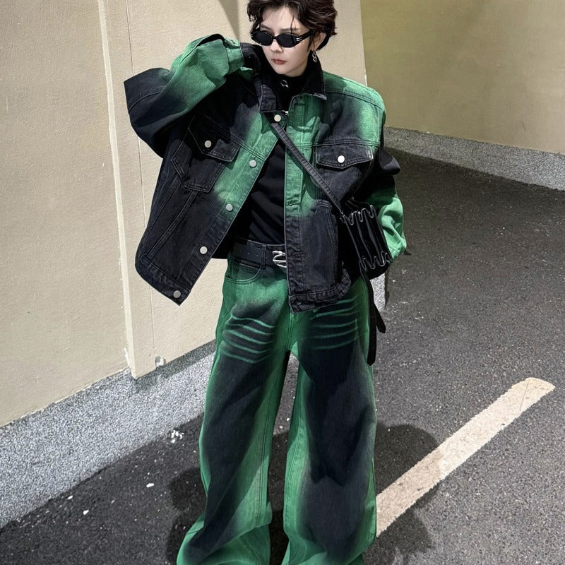 Black and Green Gradient Denim Jacket Trousers Suit