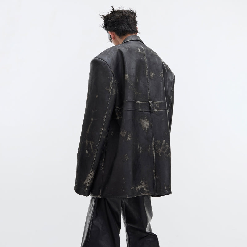 Deconstruction Retro Distressed PU Leather Suit Jacket(Unisex)