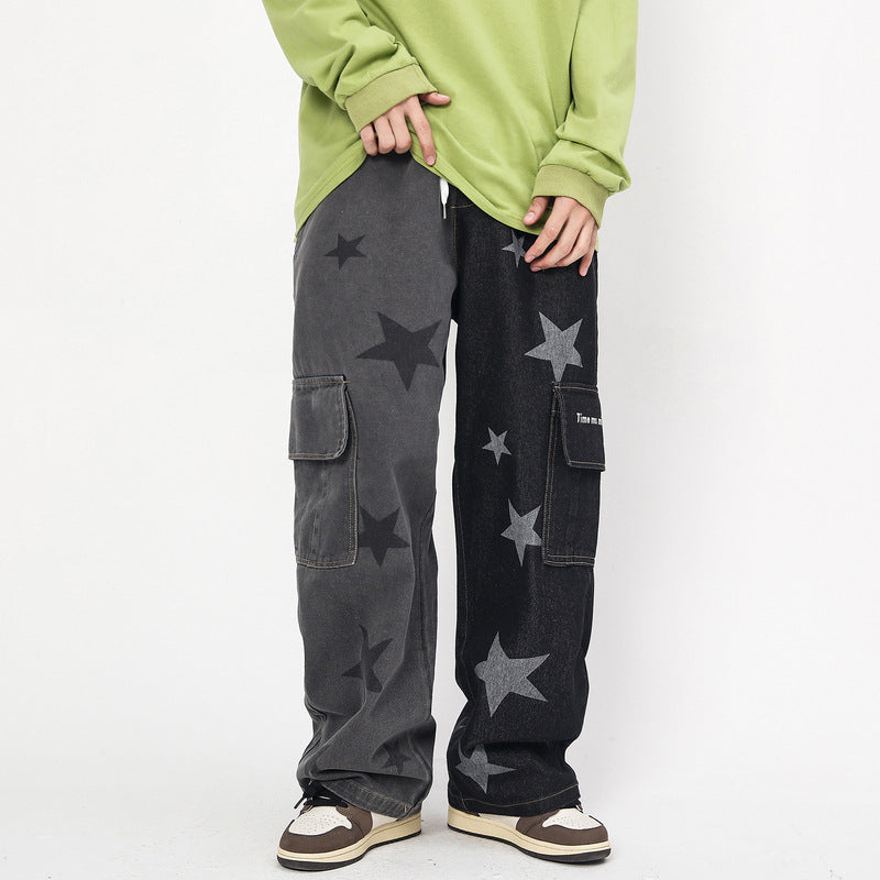 Star Print Two-Tone Jeans Casual Trousers