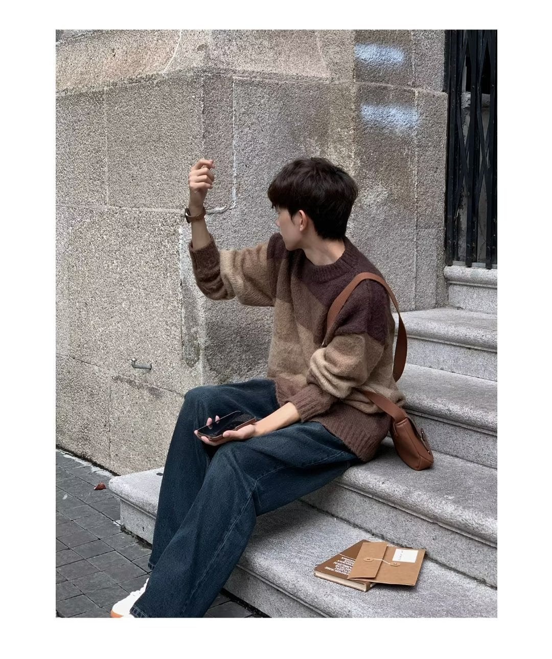 Vintage Brown Striped Loose Sweater