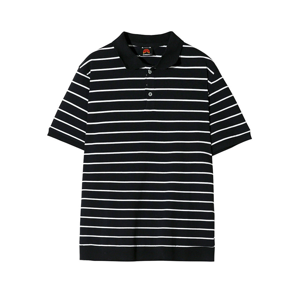 Loose Cotton Striped Short Sleeve Polo Shirt