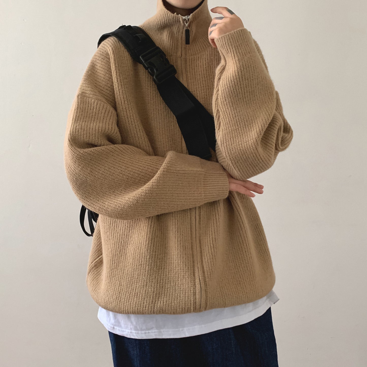 Thick Solid Color Turtleneck Zipper Knitted Cardigan