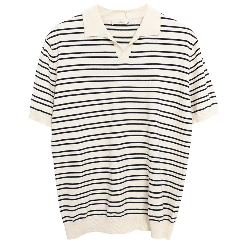 V-neck Ice Silk Striped Polo Shirt