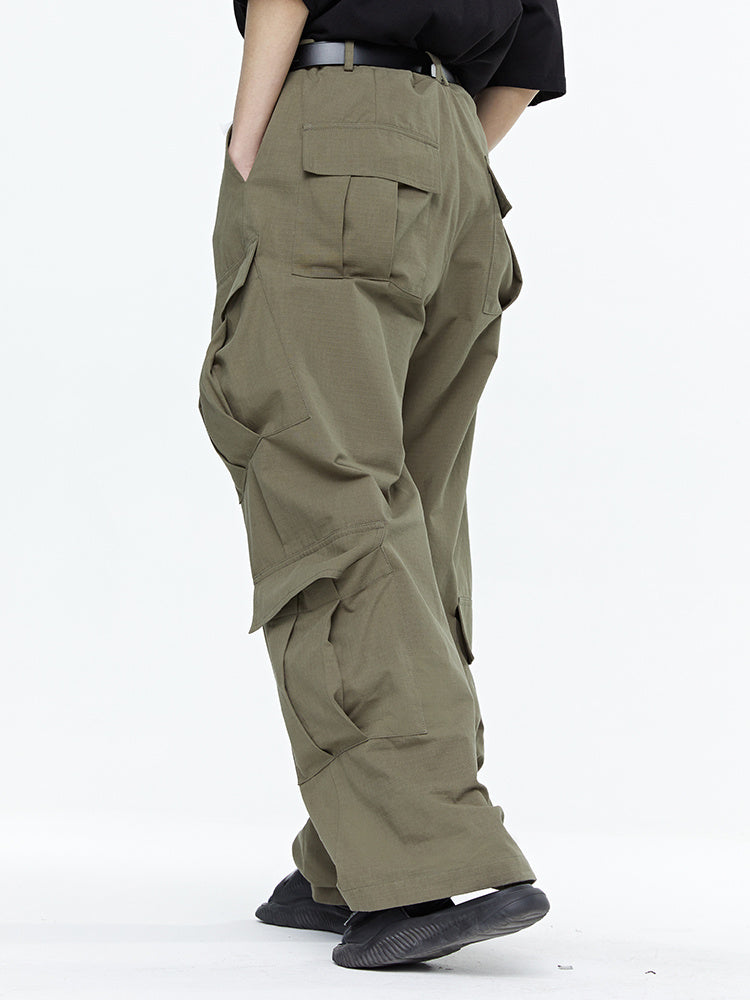 Wide-Leg Army Green Multi-pocket Cargo Pants