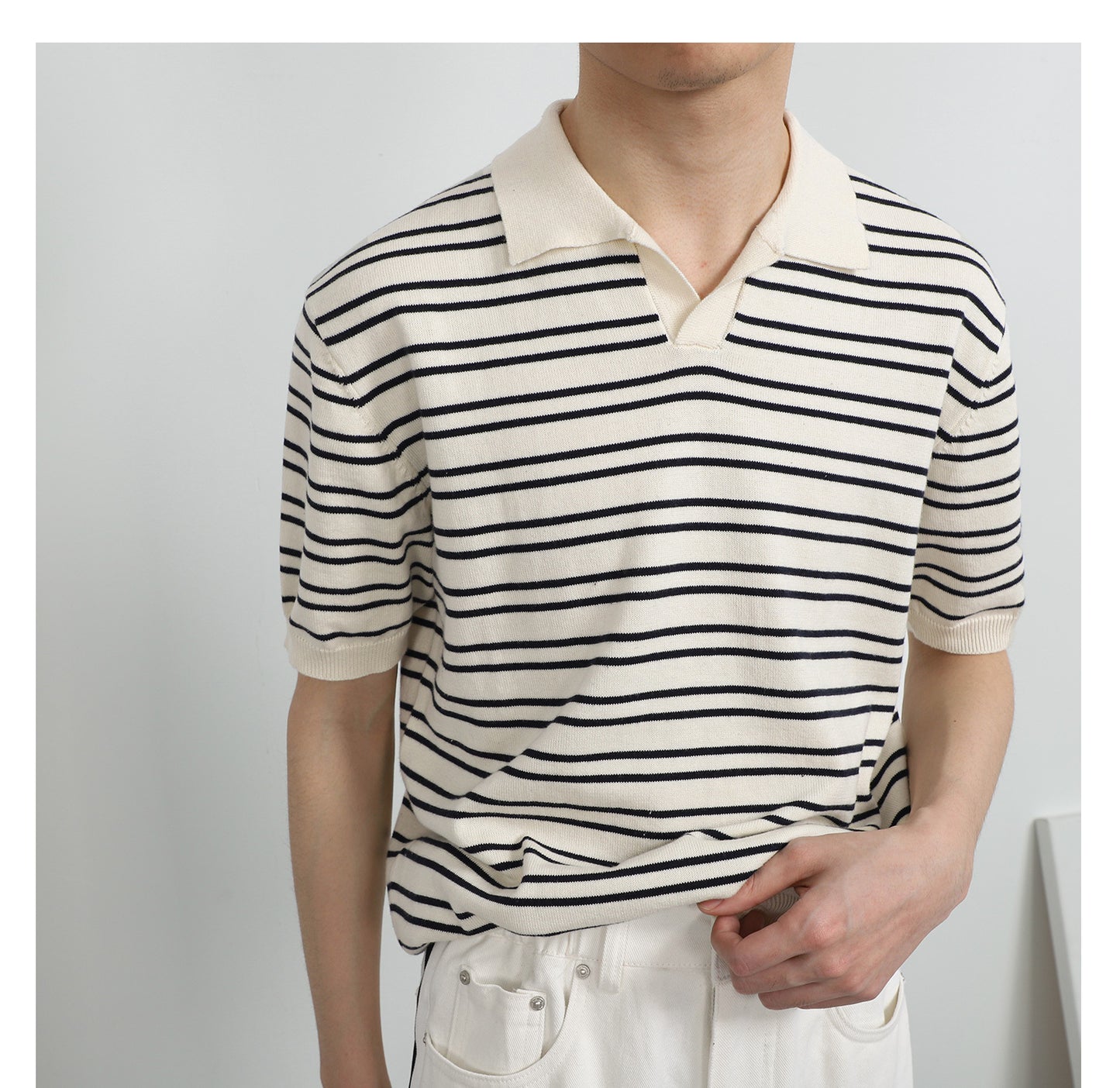 V-neck Ice Silk Striped Polo Shirt