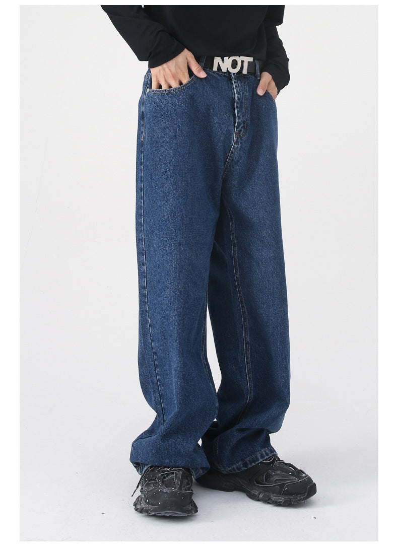 Loose Half Elastic Waist Straight Denim