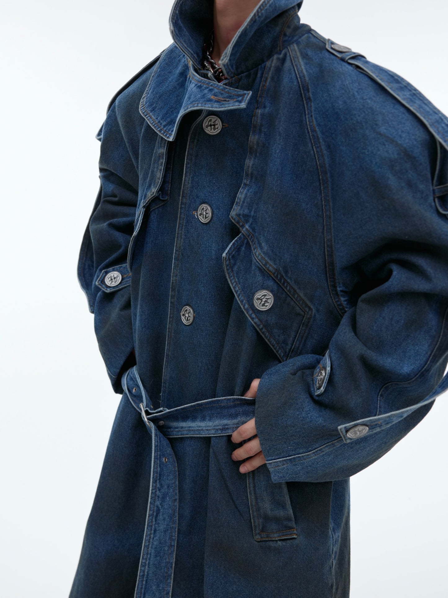 Double Layer Padded Shoulder Long Denim Coat