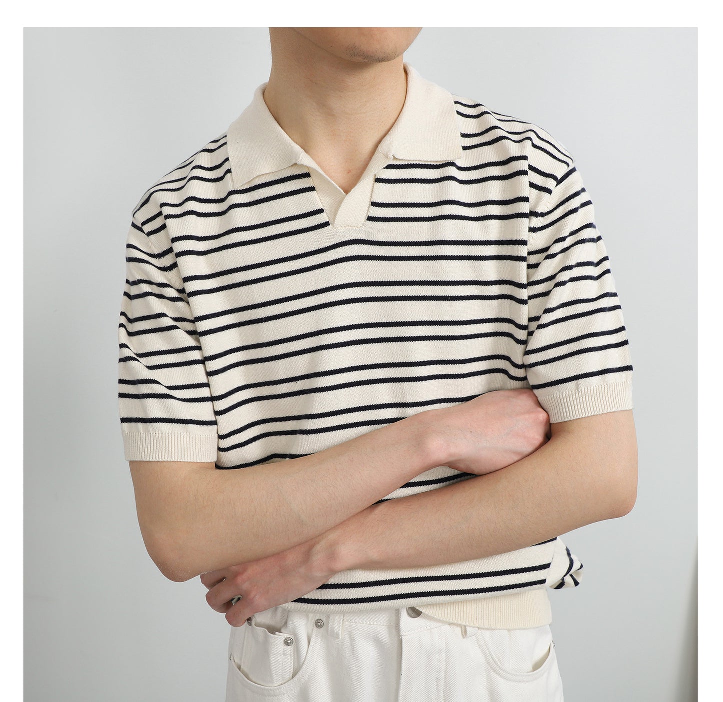 V-neck Ice Silk Striped Polo Shirt