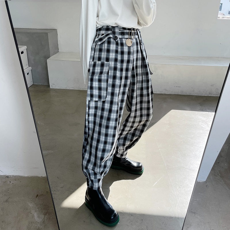 Metal Decorative Belt Plaid Casual Pants