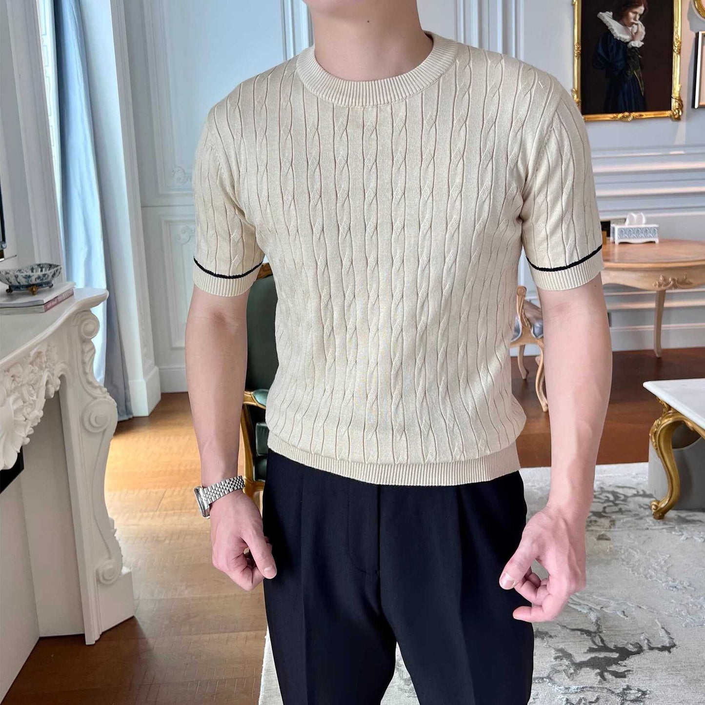 Weaving Knitted Round Neck Short Sleeve T-shirt