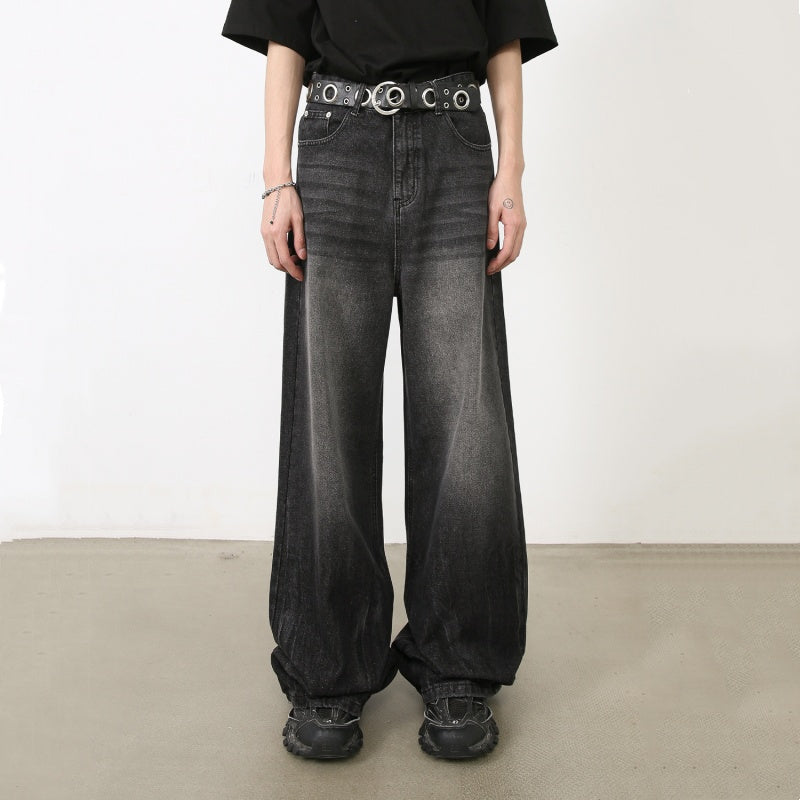 Straight-leg denim retro tattered jeans