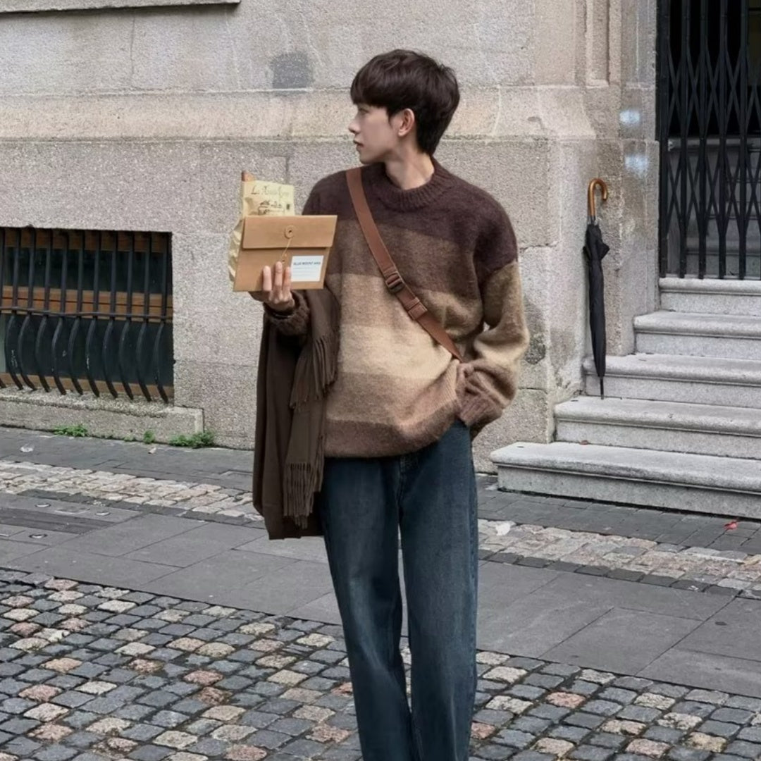 Vintage Brown Striped Loose Sweater