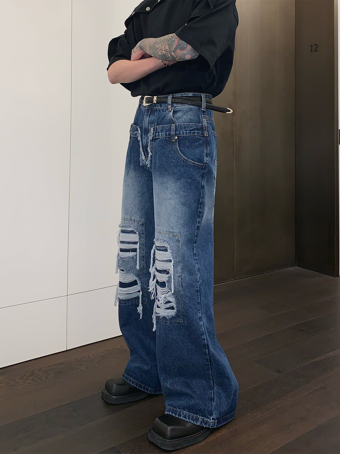 Straight Wide Leg Denim Trousers