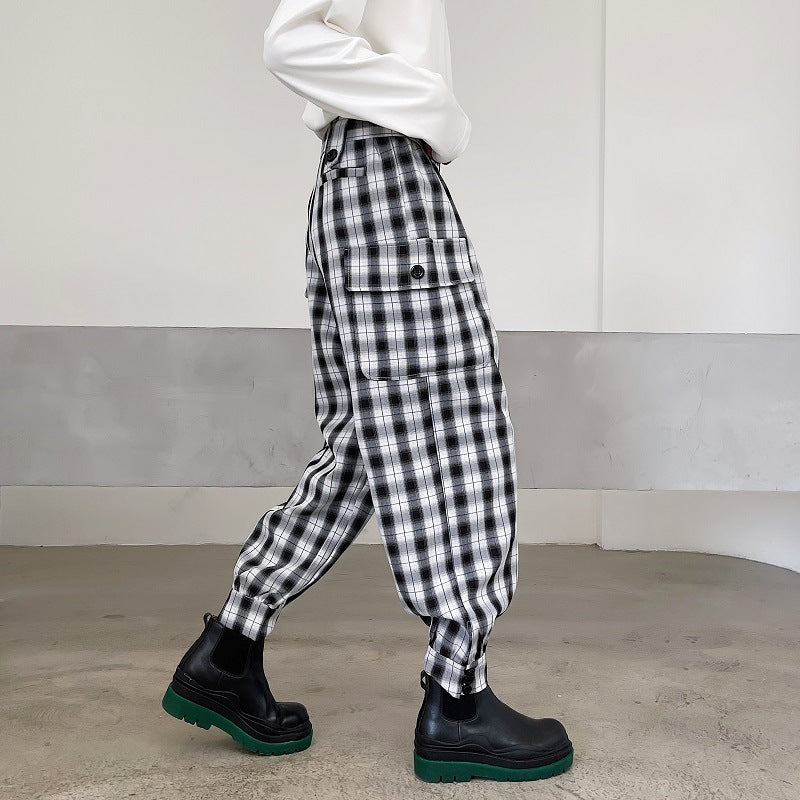 Metal Decorative Belt Plaid Casual Pants