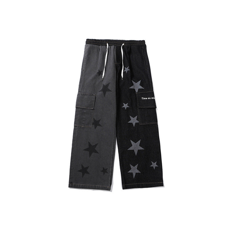 Star Print Two-Tone Jeans Casual Trousers