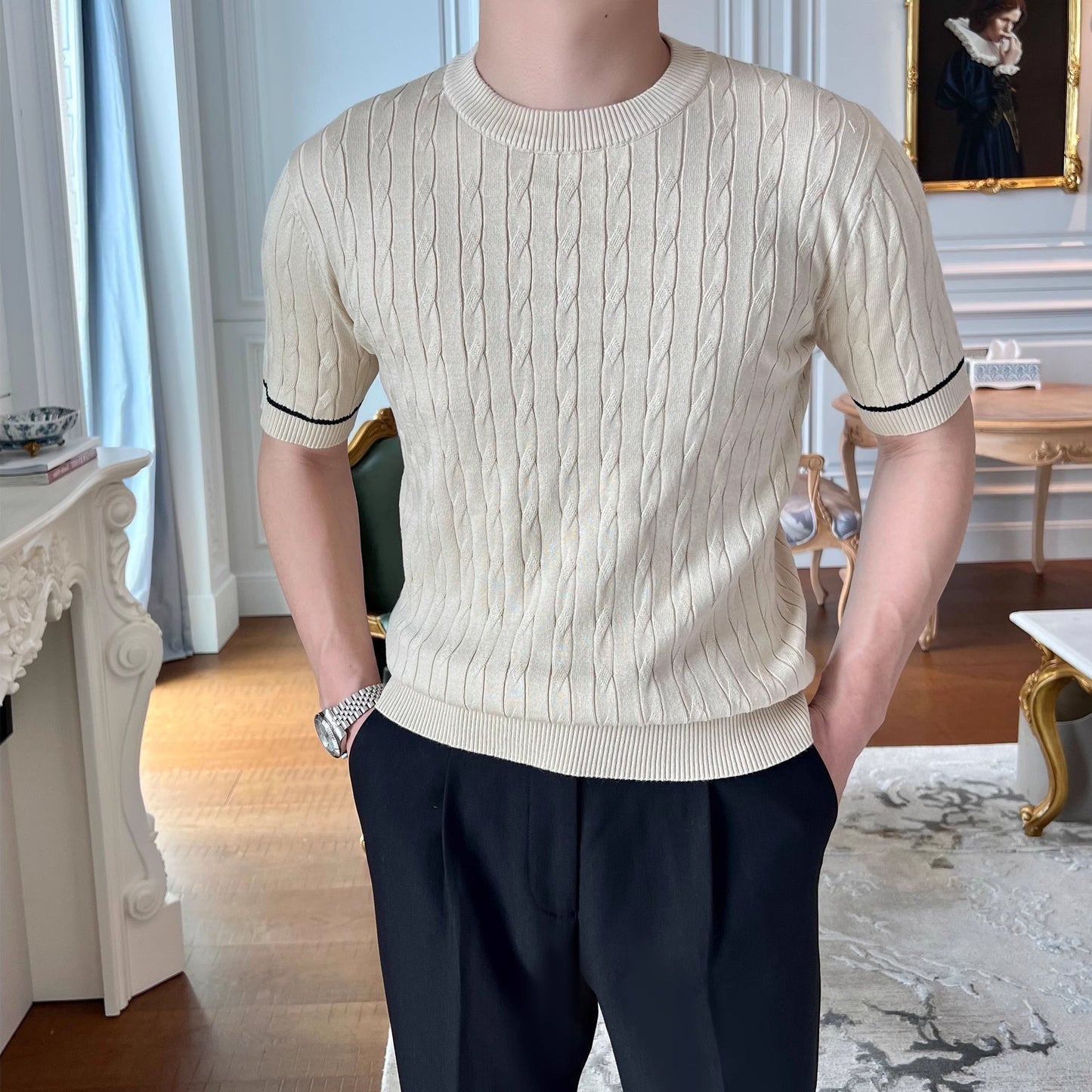 Weaving Knitted Round Neck Short Sleeve T-shirt