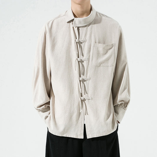 Spring and Summer Dark Cotton and Linen Shirt T Button Coat