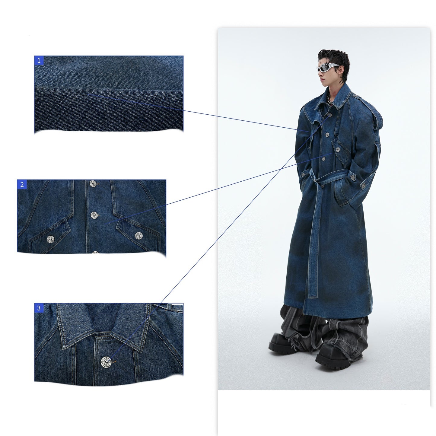 Double Layer Padded Shoulder Long Denim Coat