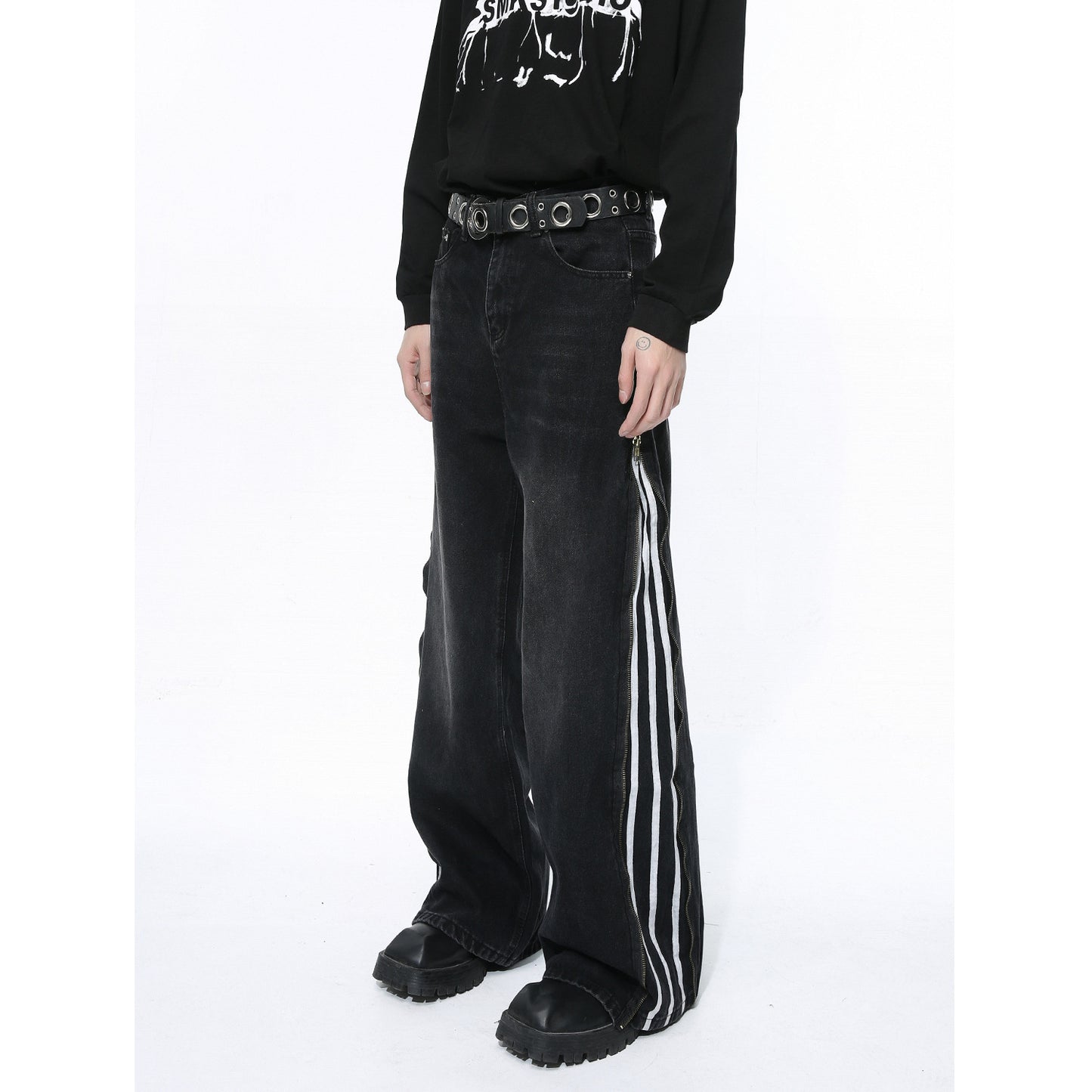 Side Zipper Striped Straight Loose Jeans