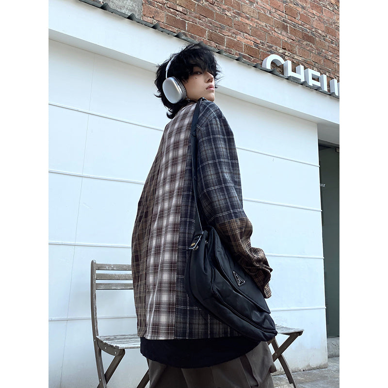 Irregular Patchwork Plaid Long Sleeved Shirt