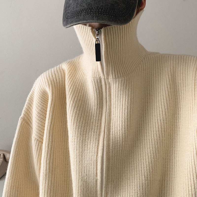 Thick Solid Color Turtleneck Zipper Knitted Cardigan