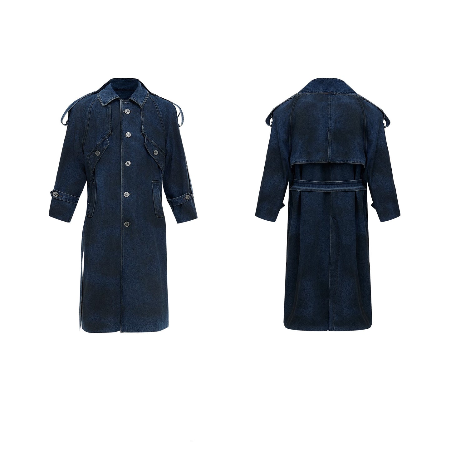 Double Layer Padded Shoulder Long Denim Coat