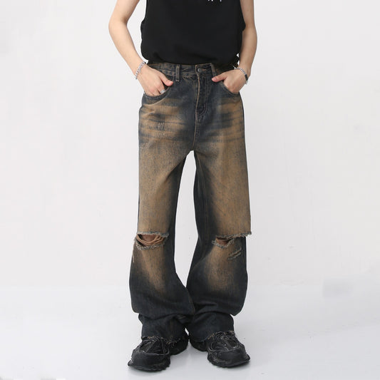 Retro Distressed Rust Earthy Hole Raw Hem Jeans