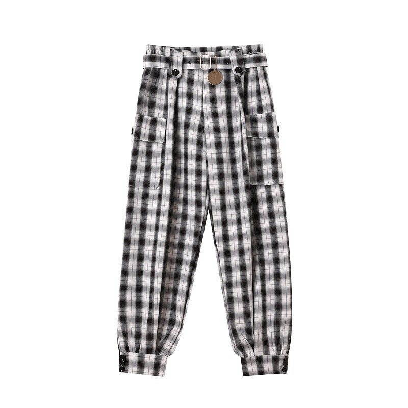 Metal Decorative Belt Plaid Casual Pants