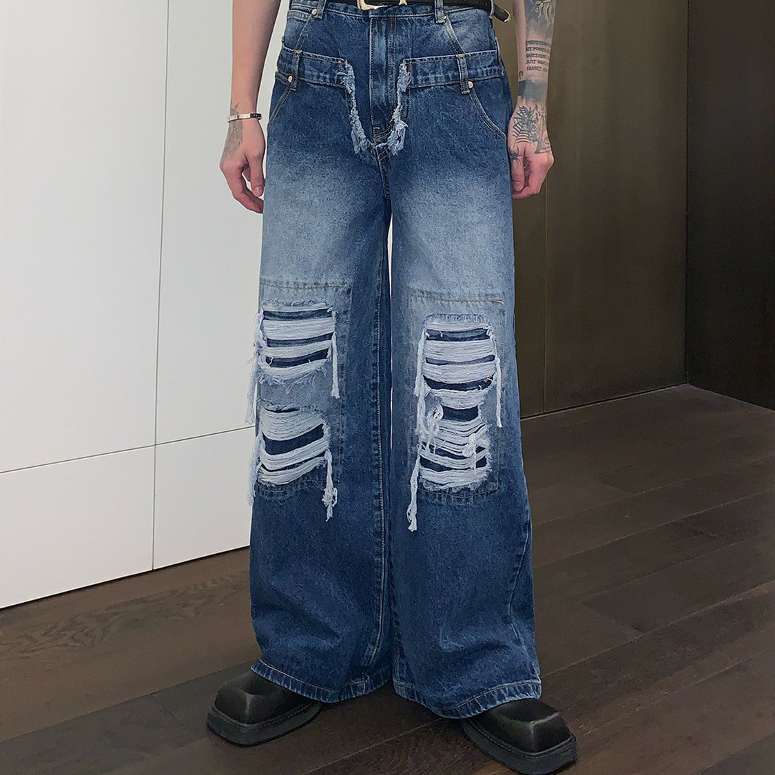 Straight Wide Leg Denim Trousers