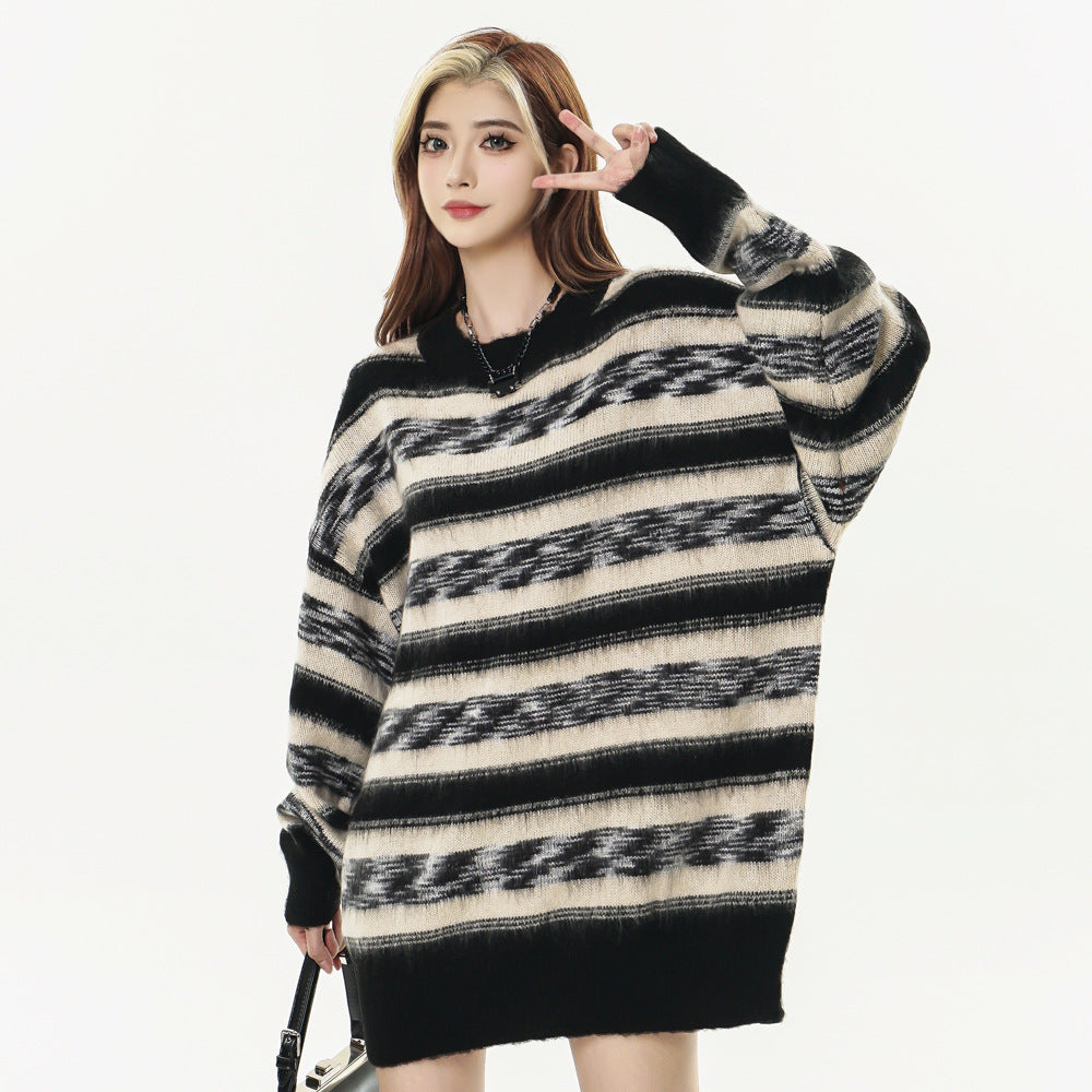 Mohair Striped Round Neck Knitted Sweater