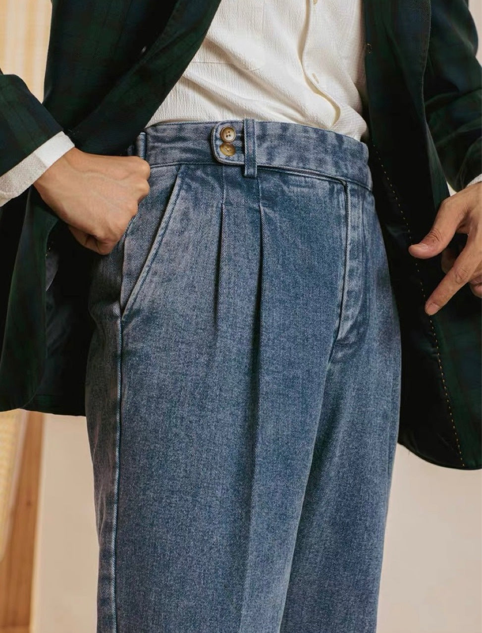 Double Pleated Casual Denim Suit Trousers