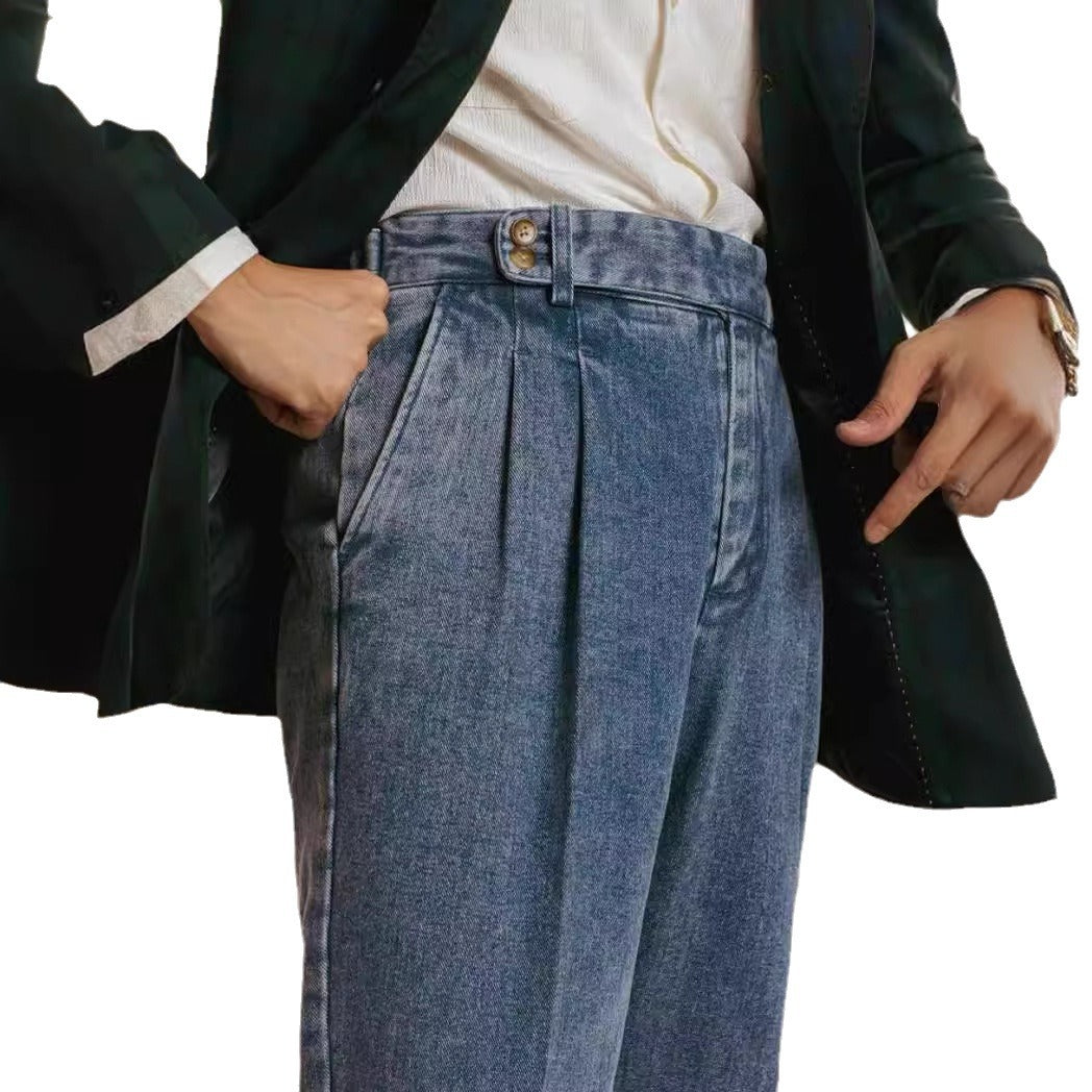 Double Pleated Casual Denim Suit Trousers