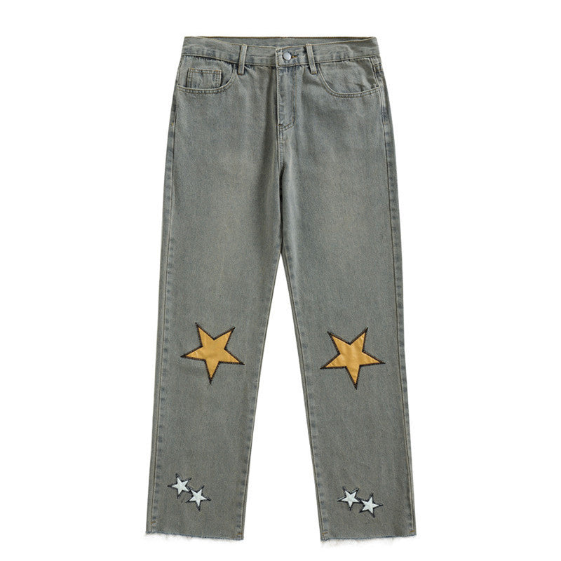 Pentagram Embroidered Straight-leg Loose-fitting Jeans Trousers