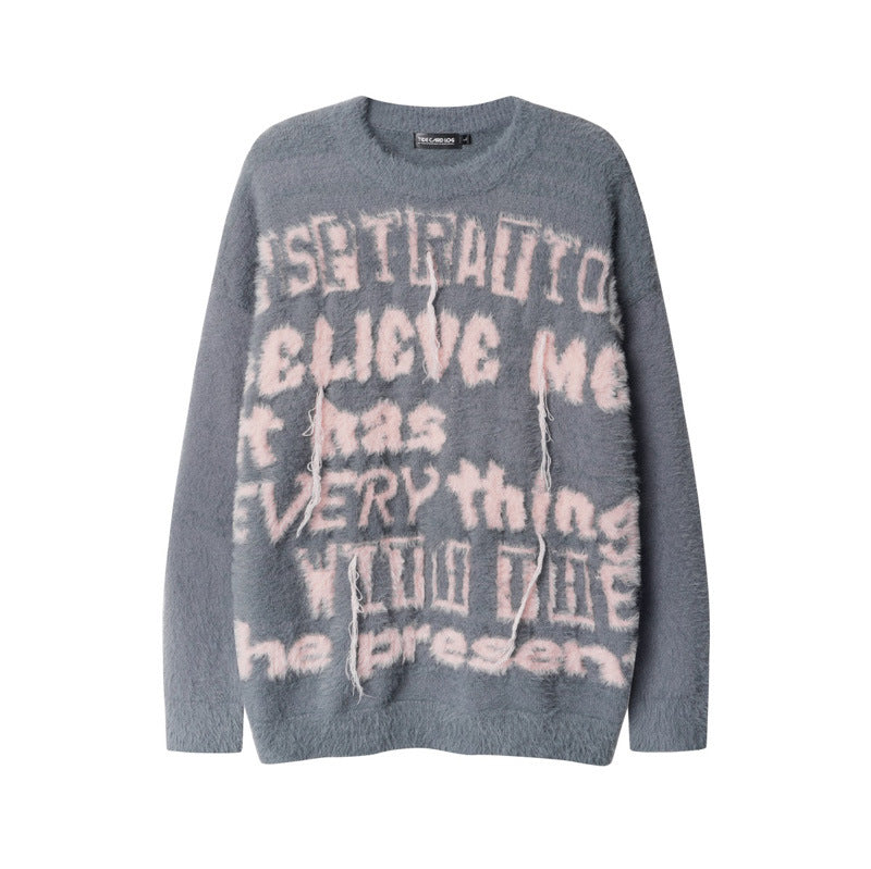 Retro Contrast Color Letter Tassel Sweater (Unisex)