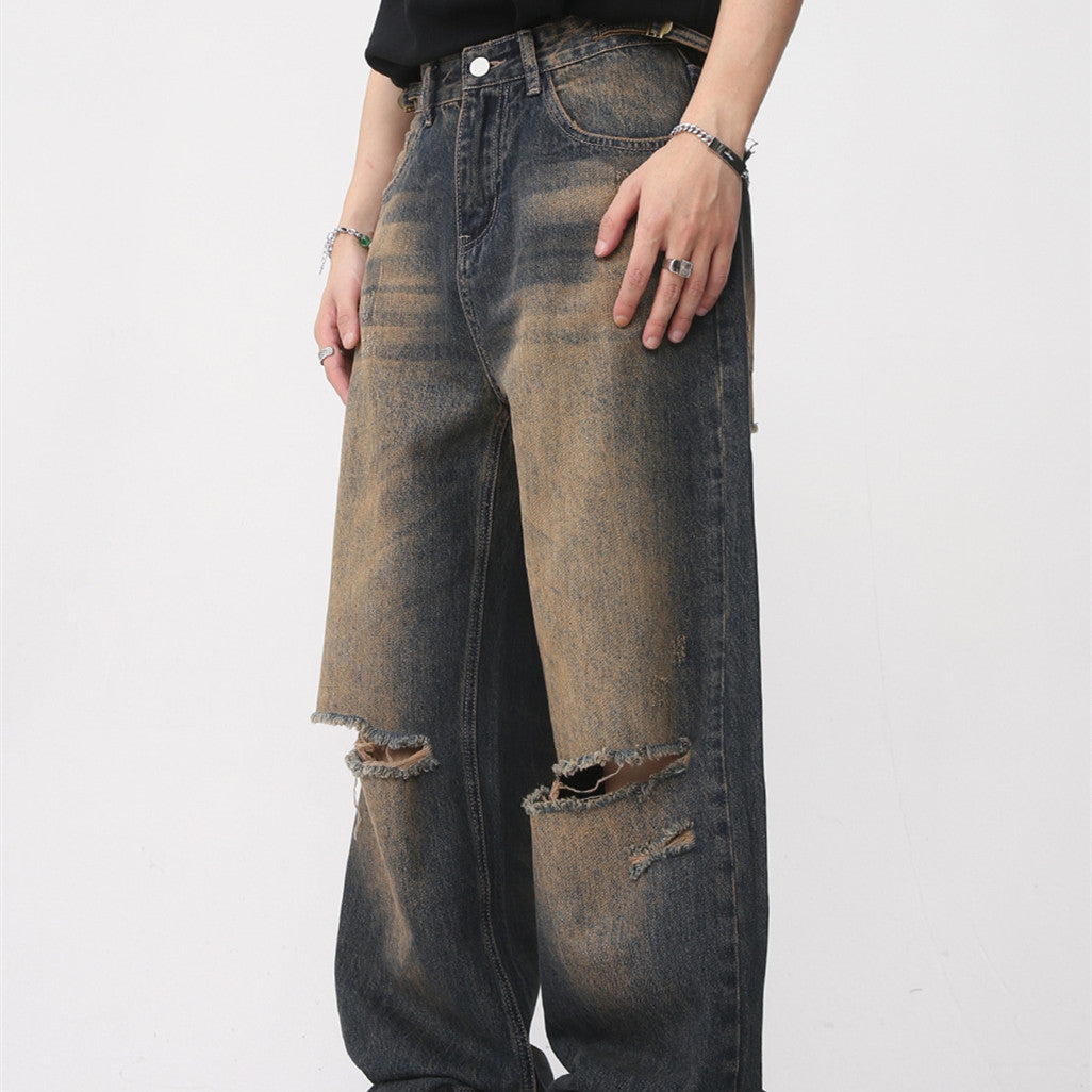 Retro Distressed Rust Earthy Hole Raw Hem Jeans