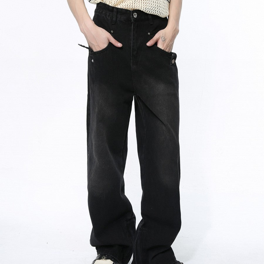 Straight Wide Leg Black Denim Trousers