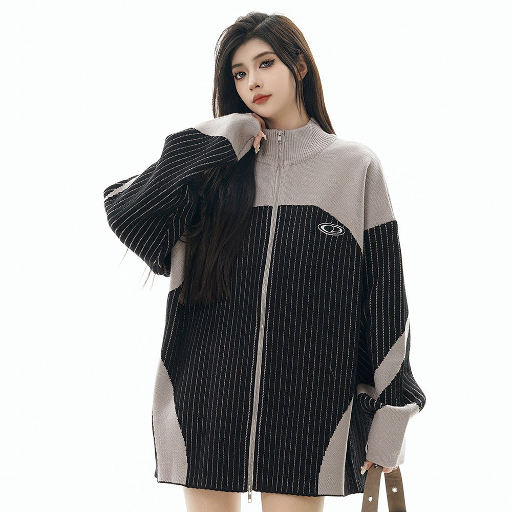 Multi-colored Half-turtleneck Two-way Zipper Sweater Coat