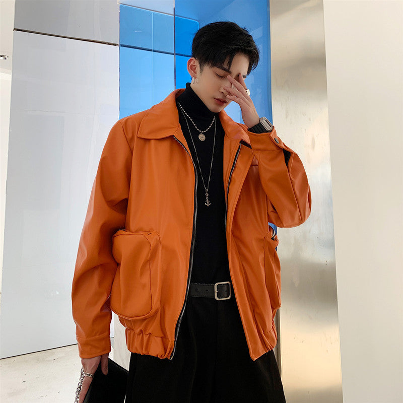 Orange Leather Jacket Loose Outline Three-dimensional Big Pocket