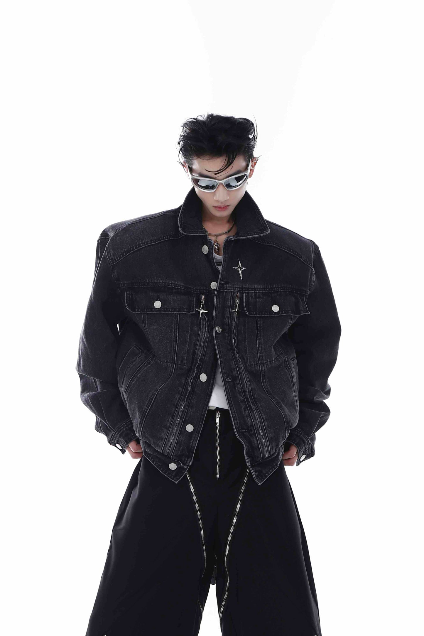 Heavy Washed Padded Shoulder Denim Coat Metal Zipper Jacket