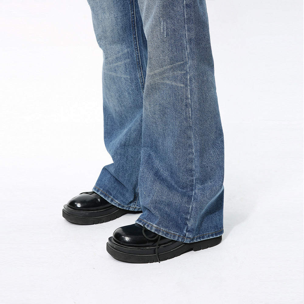 Retro Slimming Water Ripple Slightly Flared Washed Jeans