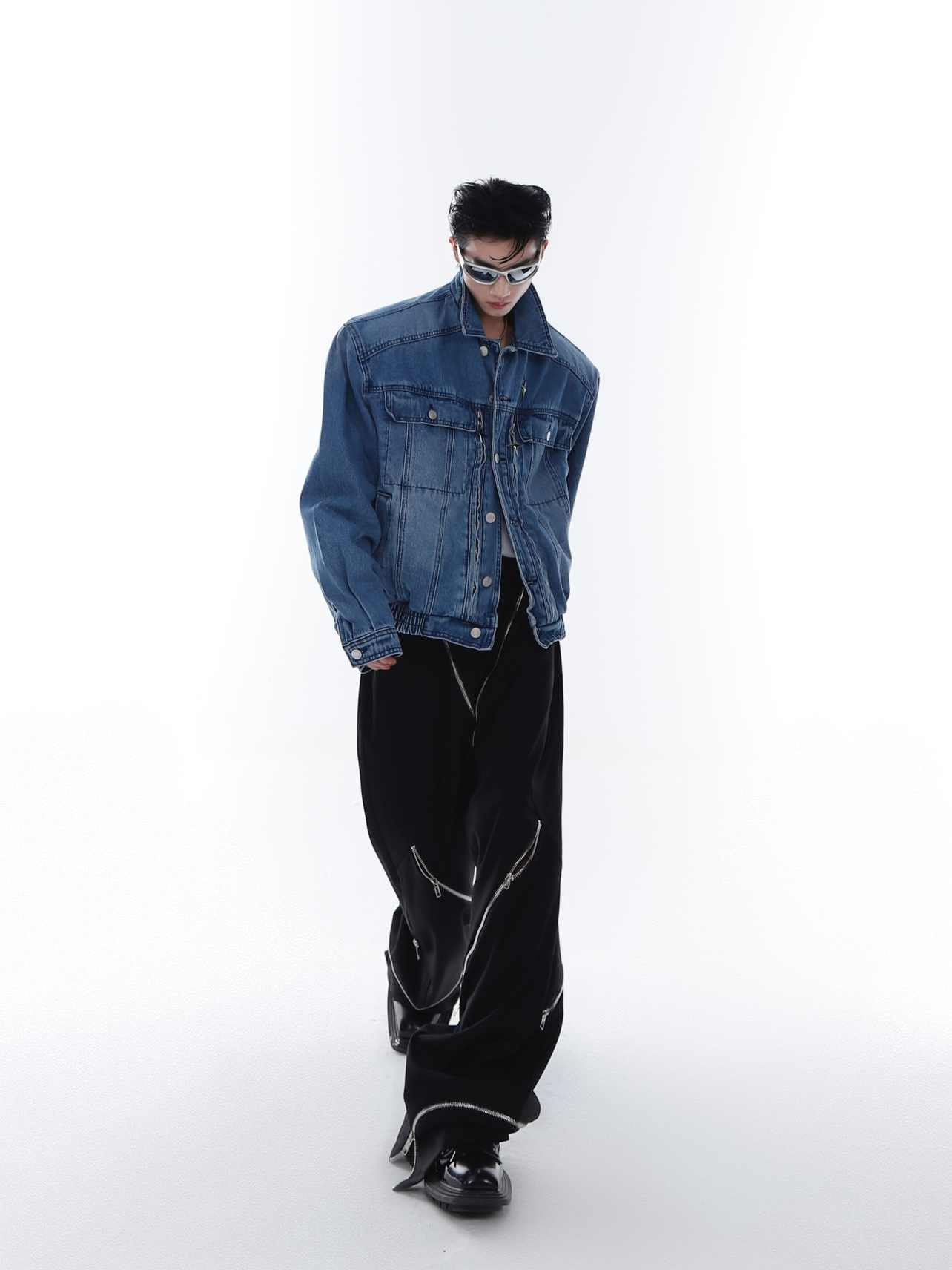 Heavy Washed Padded Shoulder Denim Coat Metal Zipper Jacket