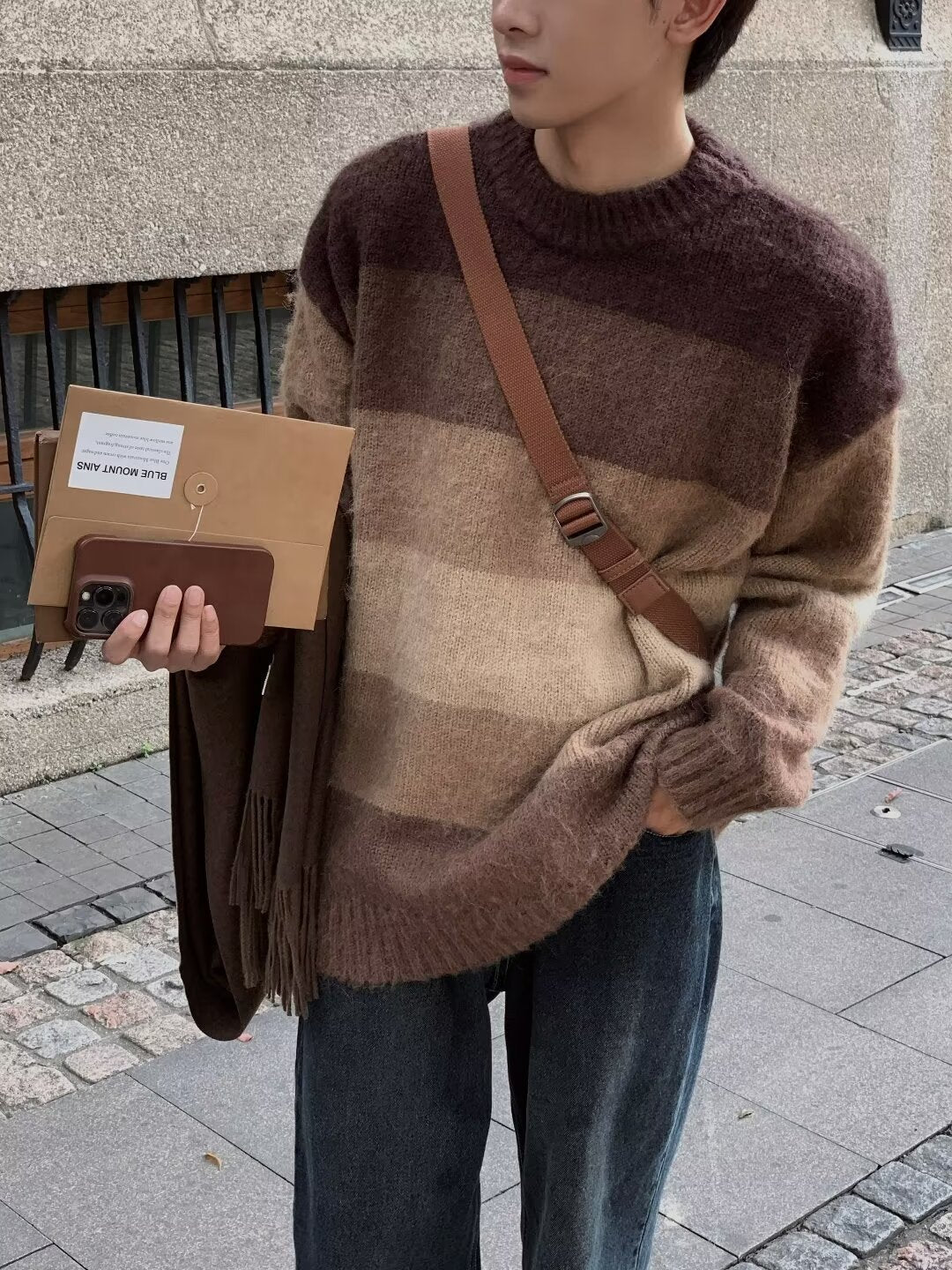 Vintage Brown Striped Loose Sweater