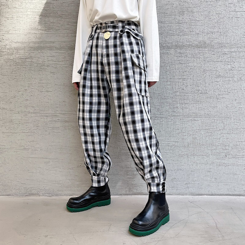 Metal Decorative Belt Plaid Casual Pants