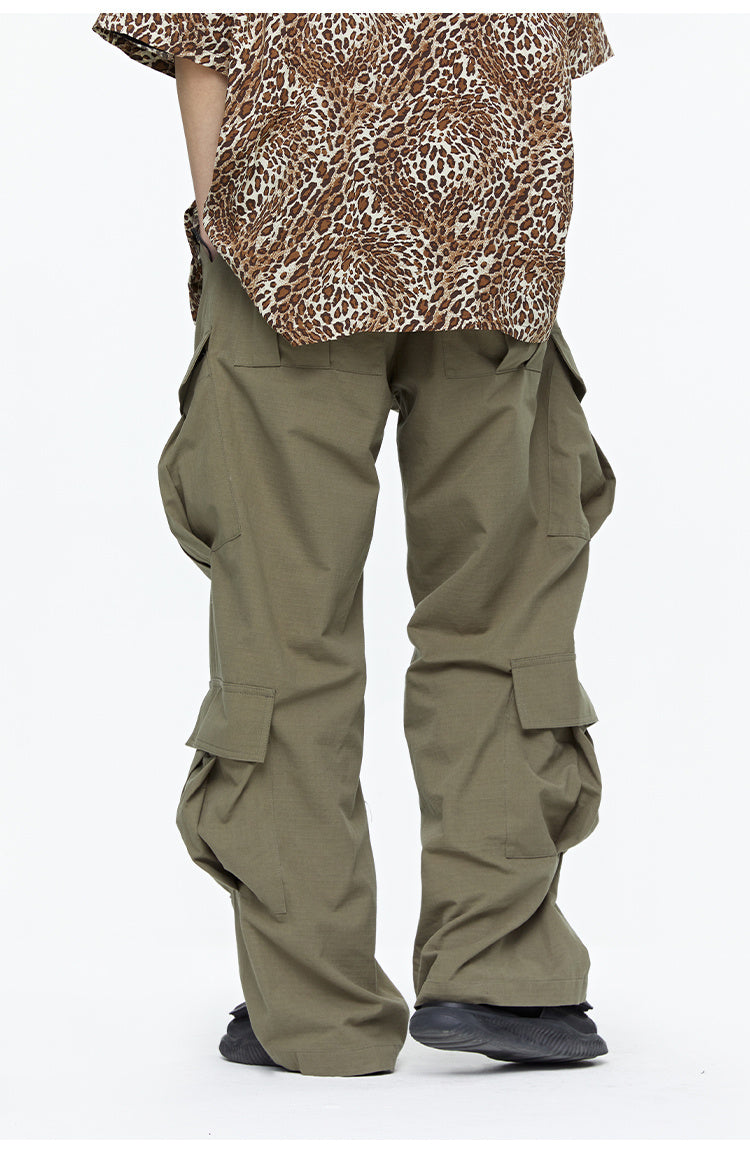 Wide-Leg Army Green Multi-pocket Cargo Pants