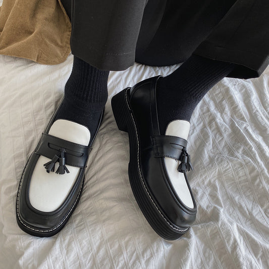 Small Leather Black And White Contrast Color Loafers LE1228