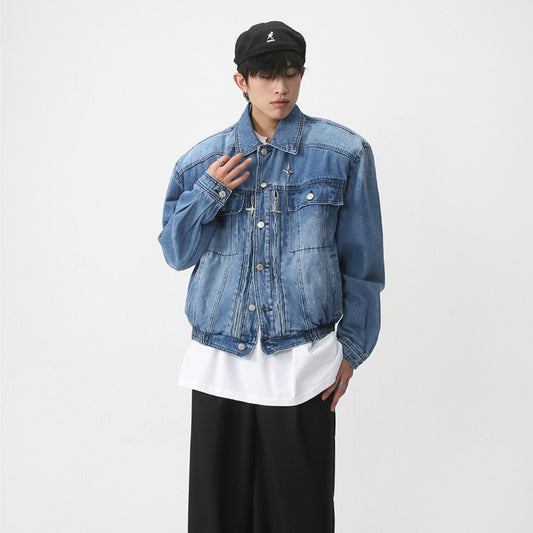 Padded Shoulder Loose Waist Elastic Design Denim Jacket